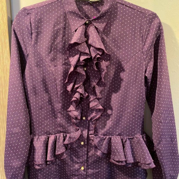 LOVE MOSCHINO BLOUSE PURPLE DOT SZ 4 RUFFLE COLLAR - Picture 2 of 5
